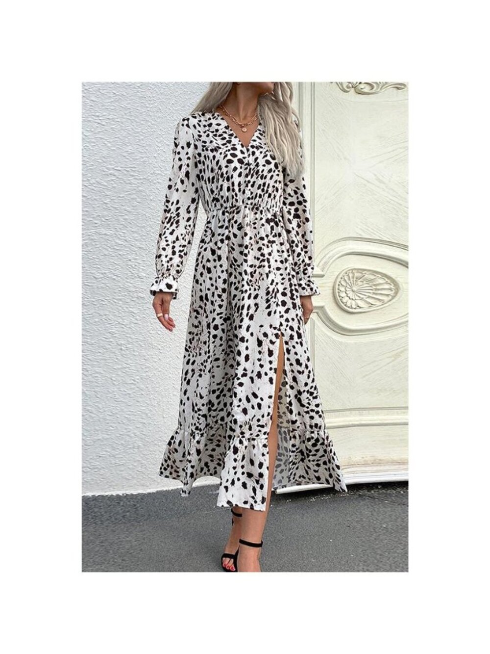 Slit Ruffled Hem Flounce Sleeve Midi Dress